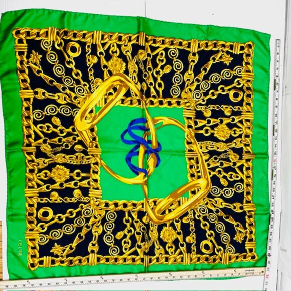 Elegance Soft   Celine Paris  Scarf  100% Silk 34"x35"Green black Gold Chain(S75 - Picture 9 of 9